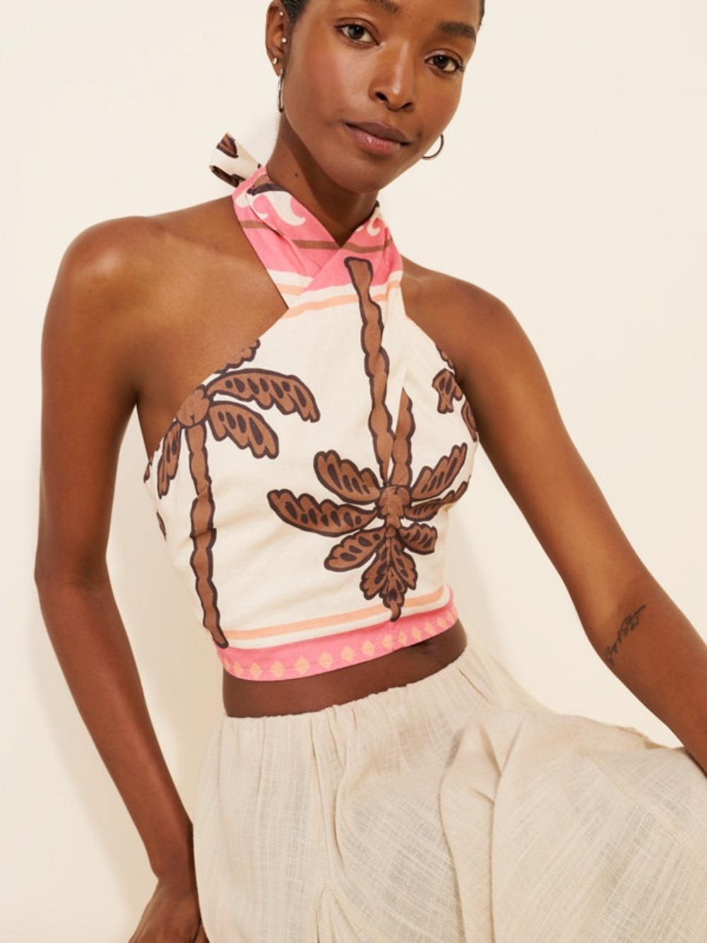 Marine Layer Pink and Cream Palm-Print Halter Crop Top